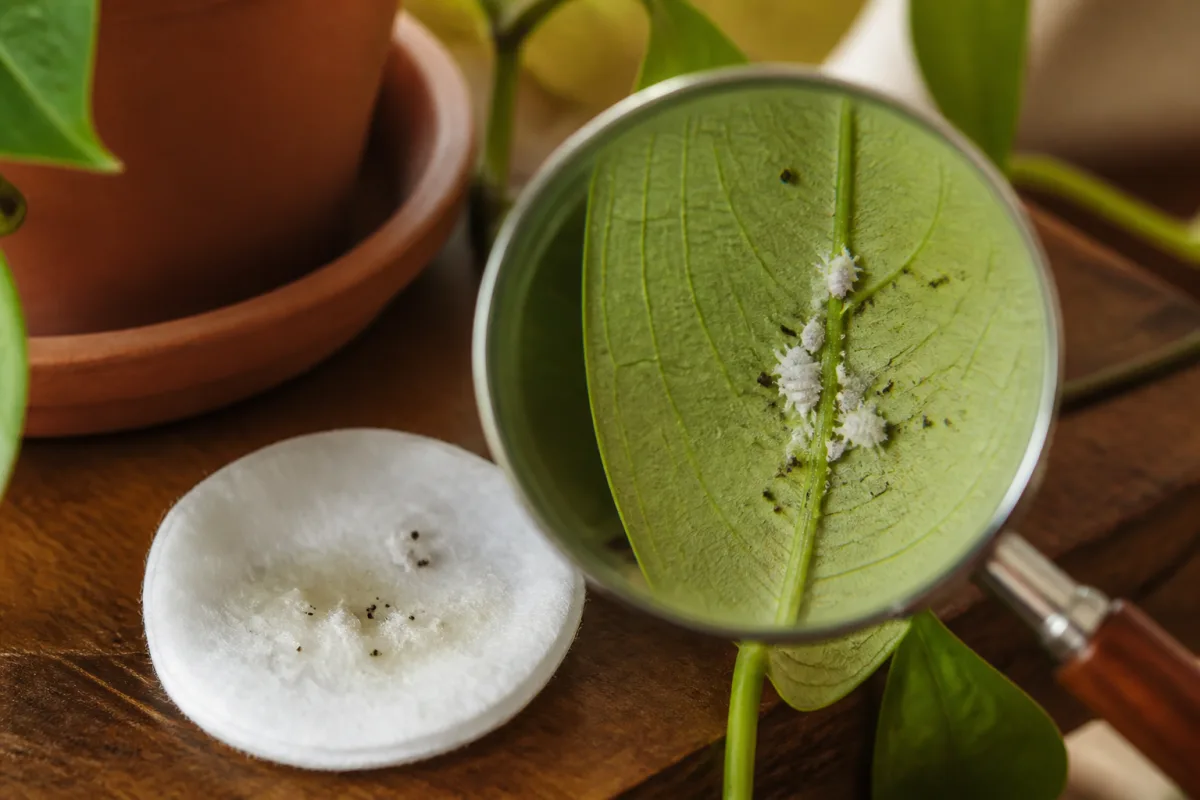 Revers de feuille avec amas blancs de cochenilles vus à la loupe et tampon de coton humide