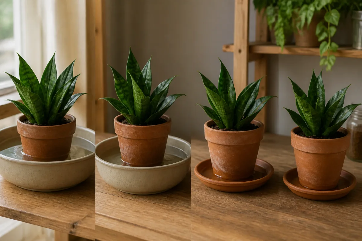 Quatre vignettes montrant trempage du pot, arrosage par soucoupe, trempage court d’orchidée et attente après excès d’eau