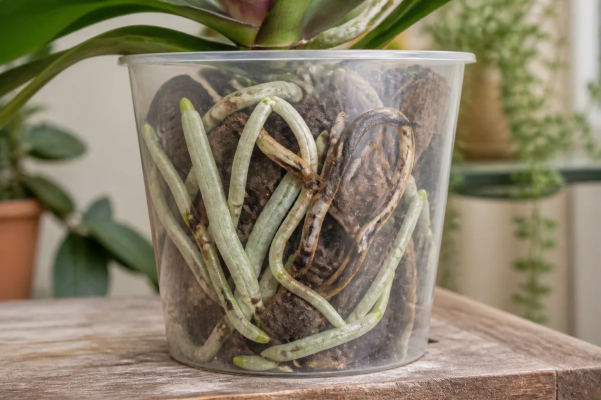 Comparaison de racines d’orchidée saines et pourries vues à travers un pot transparent