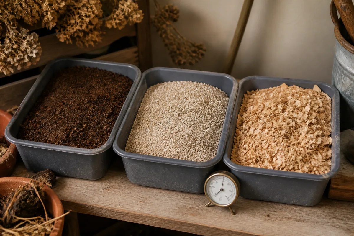 Bacs de tourbe, vermiculite et copeaux alignés, hygromètre posé à côté