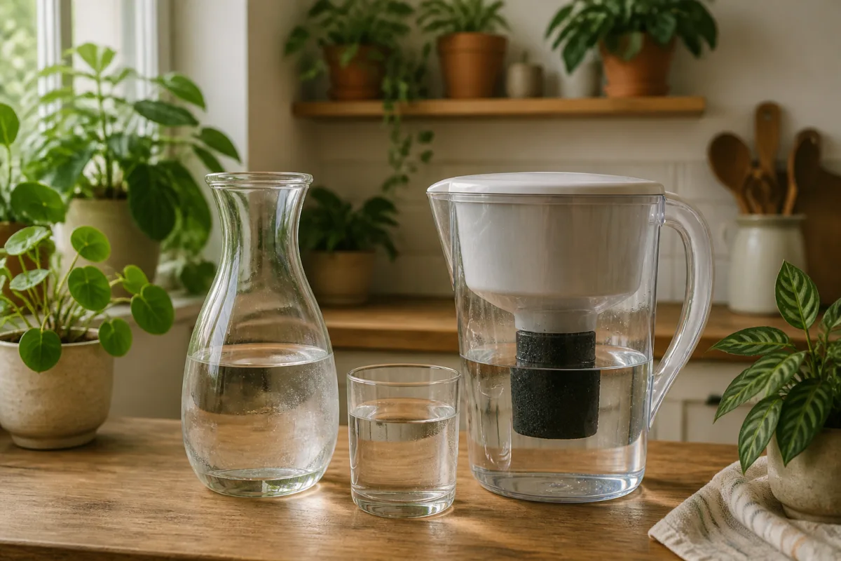Carafe d’eau ouverte à côté d’un pichet-filtre à charbon actif sur un plan de travail