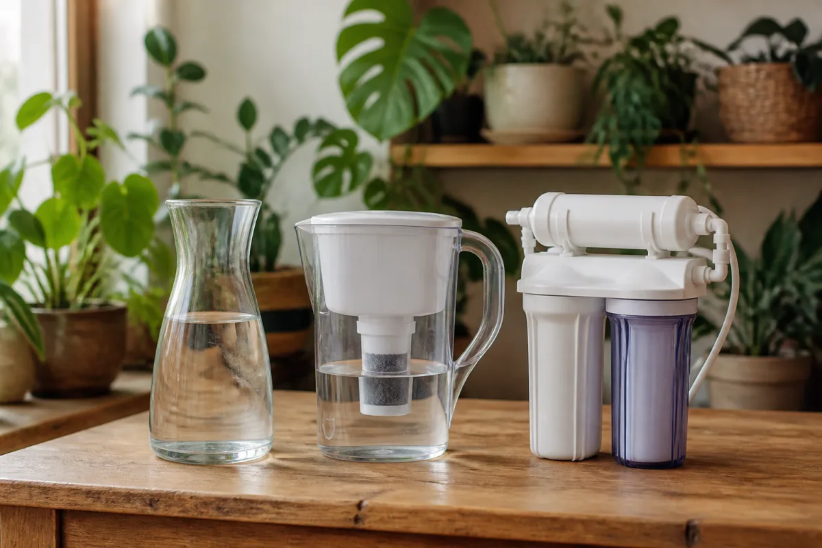 Carafe, pichet filtrant à charbon et unité d’osmose inverse alignés sur un plan de travail