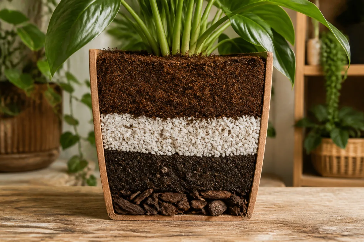 Vue en coupe d’un pot montrant les couches de substrat avec pourcentages de composition