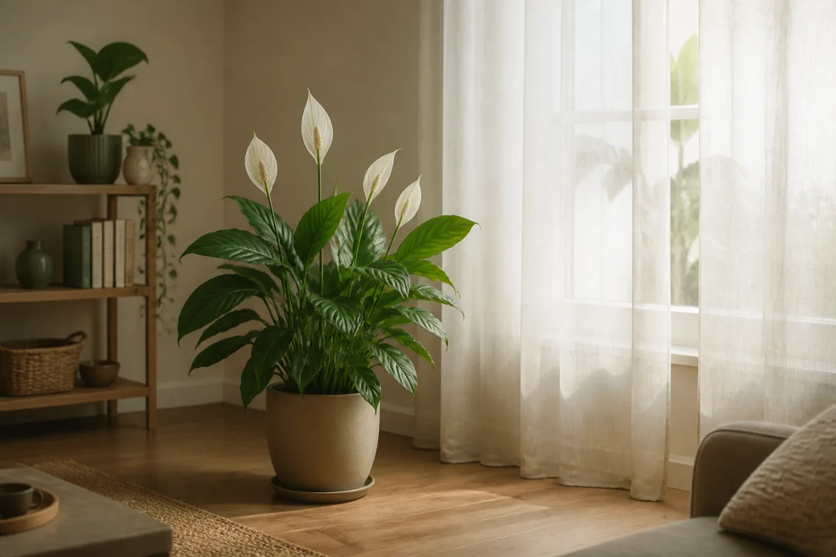 Spathiphyllum près d’une fenêtre est, derrière un voilage, à distance de sécurité