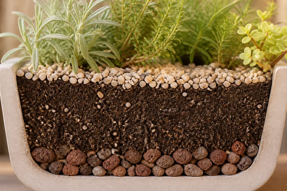 Coupe de substrat en jardinière avec couche drainante, mélange allégé et surfaçage minéral
