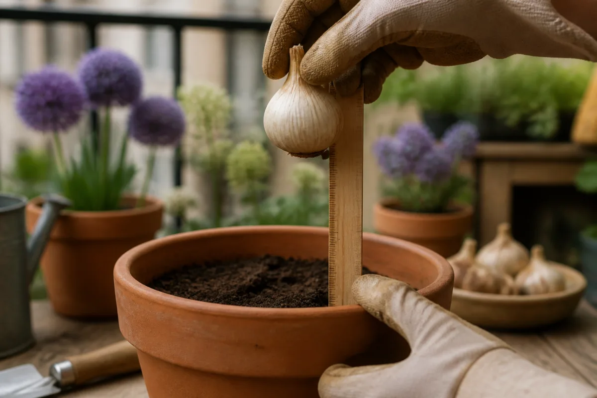 Gant tenant un bulbe d’allium contre une règle au-dessus d’un pot