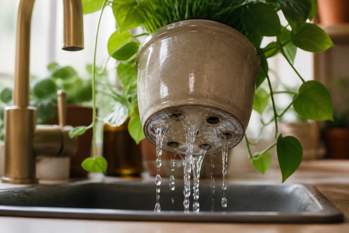 Eau s’écoulant des trous de drainage d’un pot au-dessus d’un évier pendant un rinçage